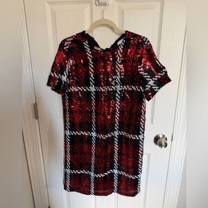 UNTUCKit Red and Black Sequin Plaid Mini Dress